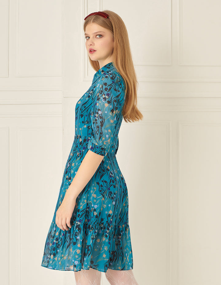 BORA AKSU French Puff Sleeve Lapel Ruffle Print Dress