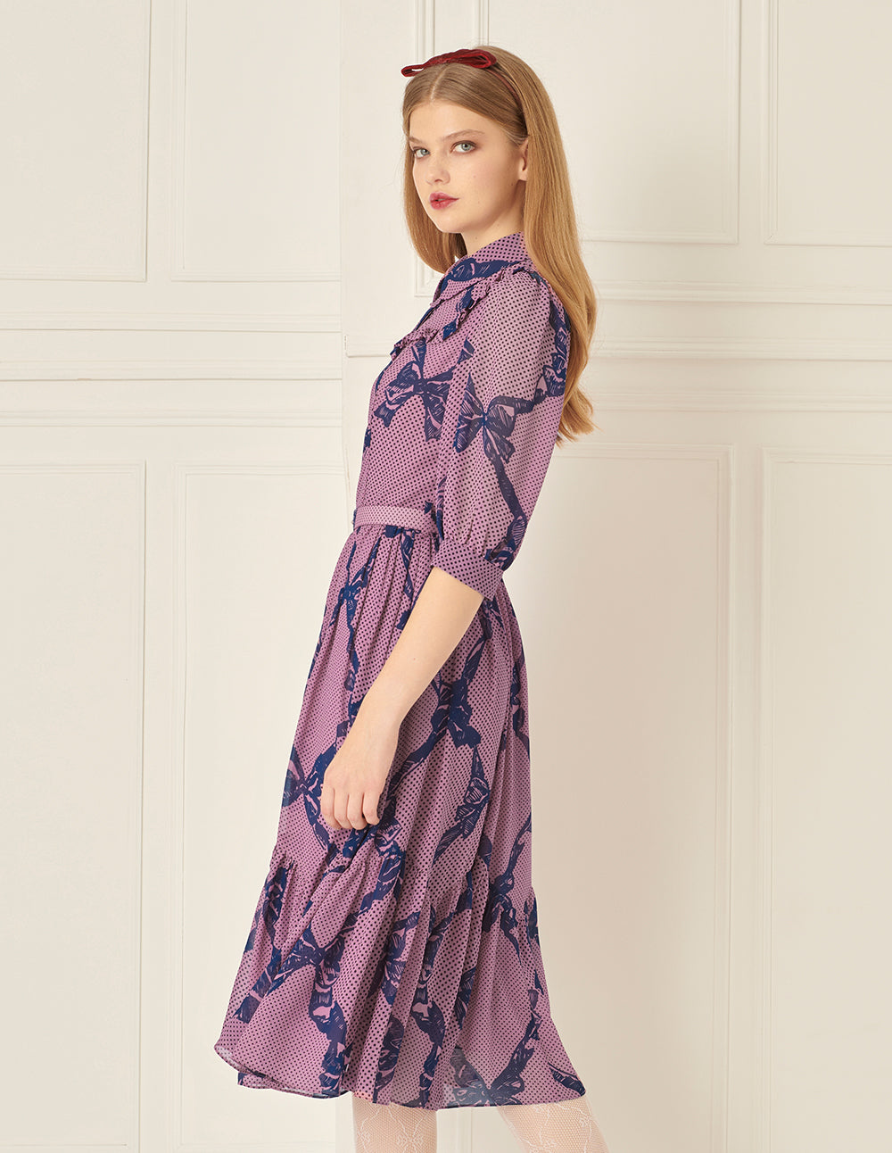 BORA AKSU Retro Puff Sleeve Ruffle Skirt Printed Dress