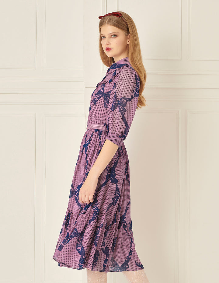 BORA AKSU Retro Puff Sleeve Ruffle Skirt Printed Dress