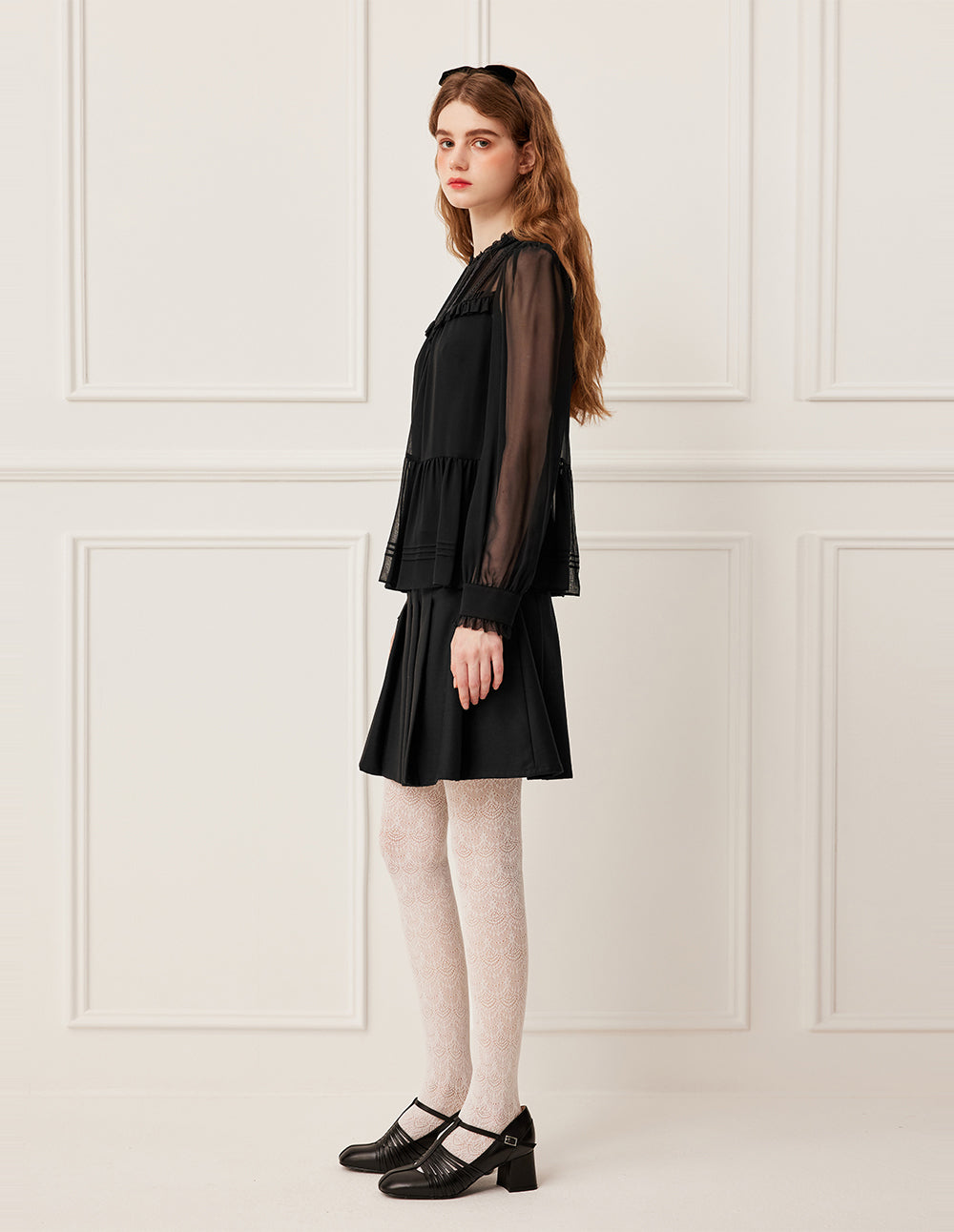 BORA AKSU Ruffled Round Neck Sheer Black Long Sleeve Silk Blouse