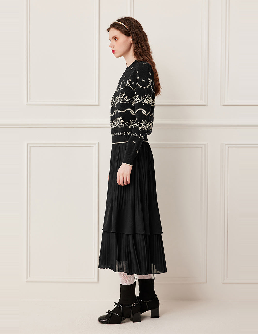 BORA AKSU Double-Layer Pleated Knee-Length Black Skirt