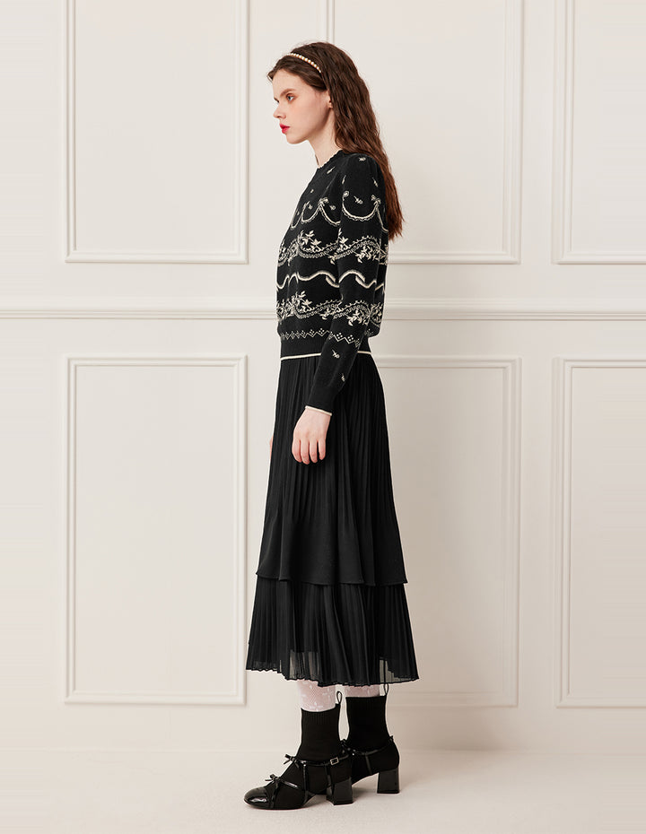 BORA AKSU Double-Layer Pleated Knee-Length Black Skirt