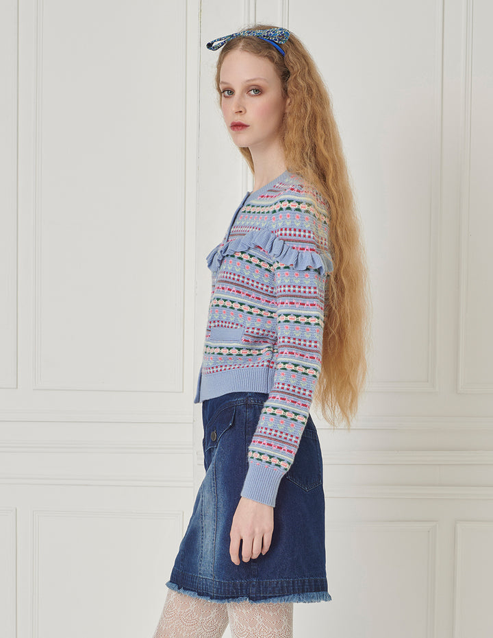 BORA AKSU Fair Isle jacquard crew neck ruffled knitted cardigan