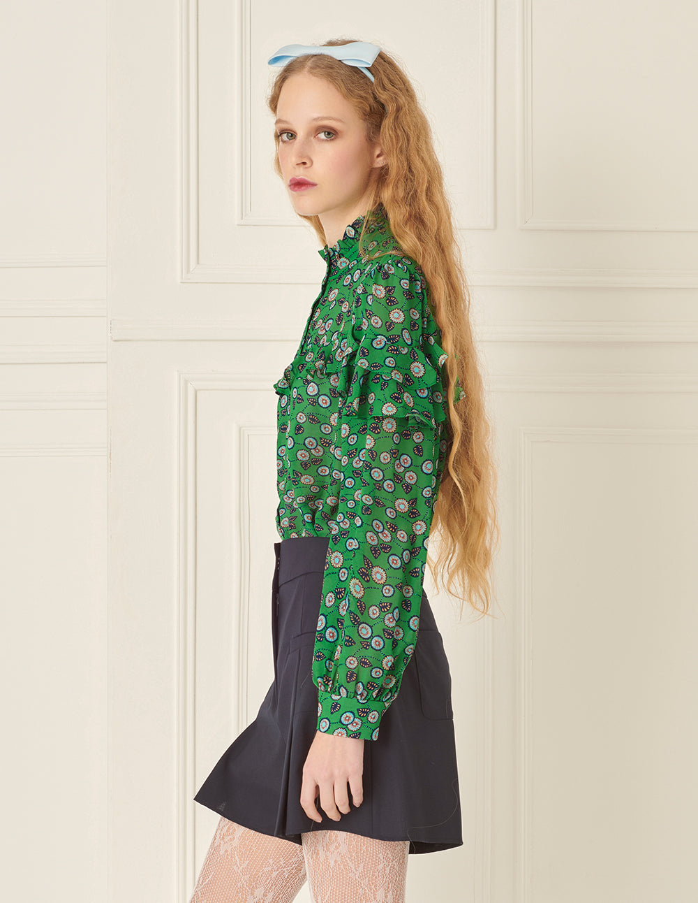 BORA AKSU French Stand-Up Collar Puff Sleeves Ruffled Green Printed Blouse