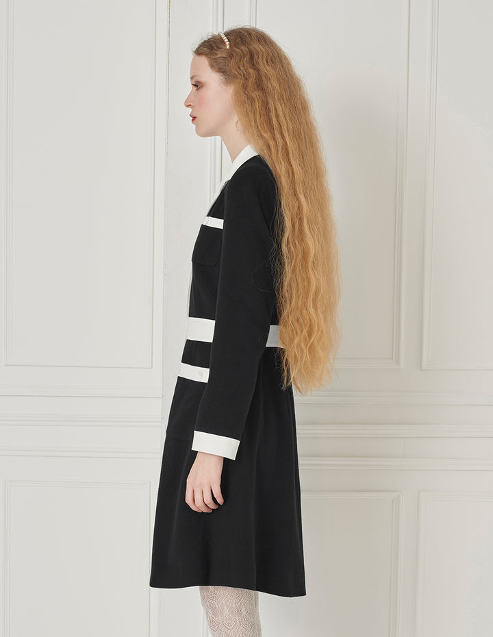 BORA AKSU Black & White Color Block Lapel-Collar Long Sleeve Midi Dress
