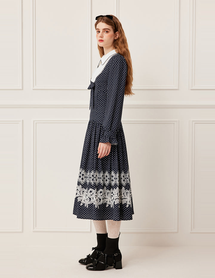 BORA AKSU Peter Pan Collar Pin-Tuck Puff Sleeve Lace Trim White Polka Dot Dress