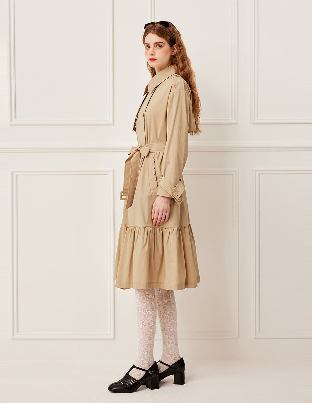 BORA AKSU Asymmetric Cut-Out Embroidered Long Sleeve Double-Breasted Belted Pleated Trench Coat