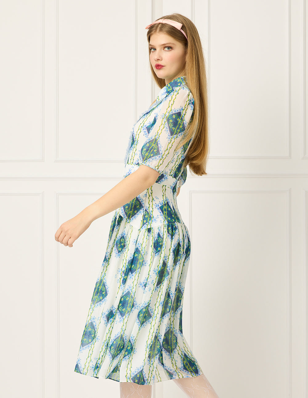 BORA AKSU Lapel Puff Short Sleeve Empire-Waist Geometric Print Pleated Midi Dress