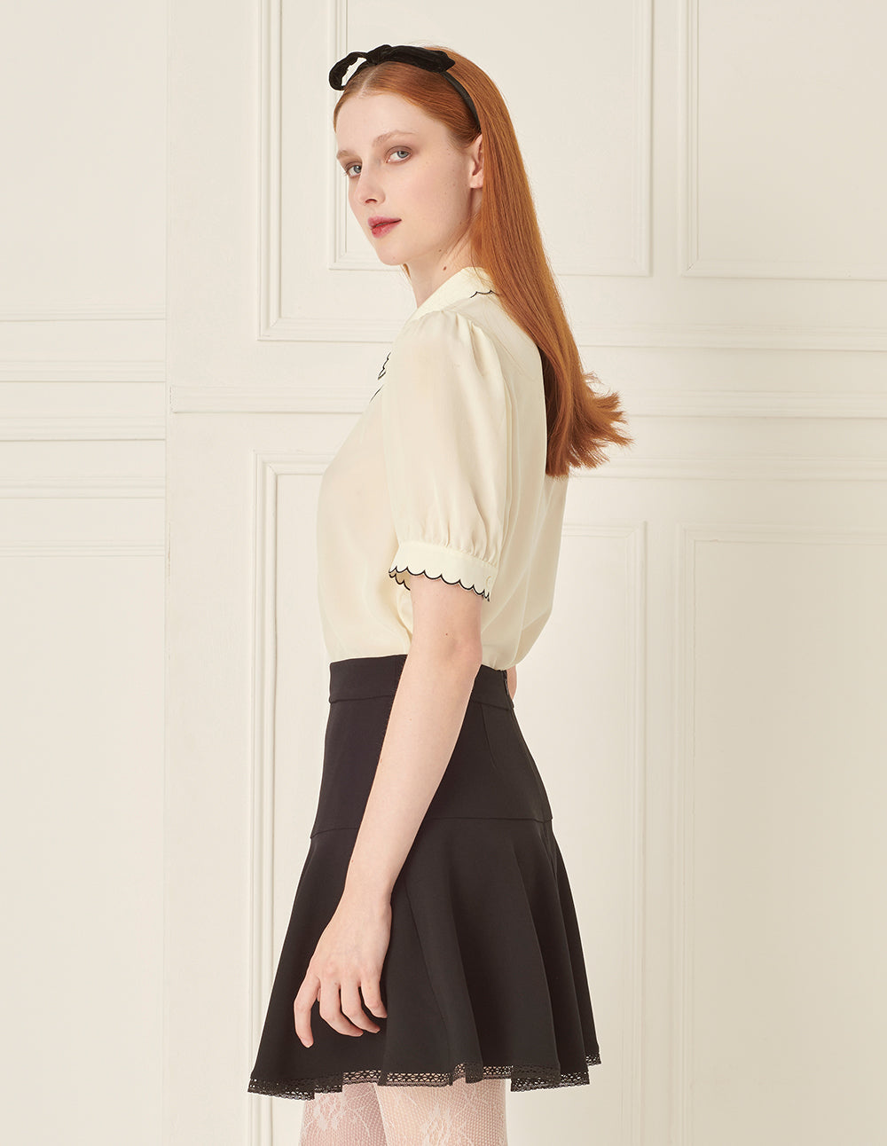 BORA AKSU Petal Collar Mesh Bow Embroidered Silk Blouse