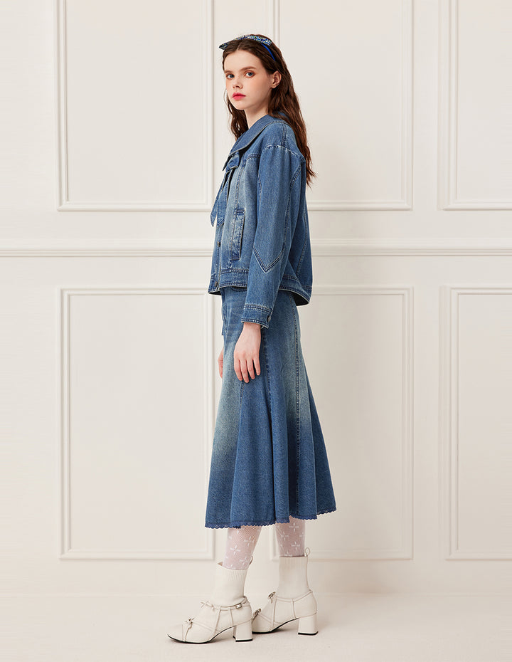 BORA AKSU A-Line Bell-Bottom Denim Skirt with Ruffle Details