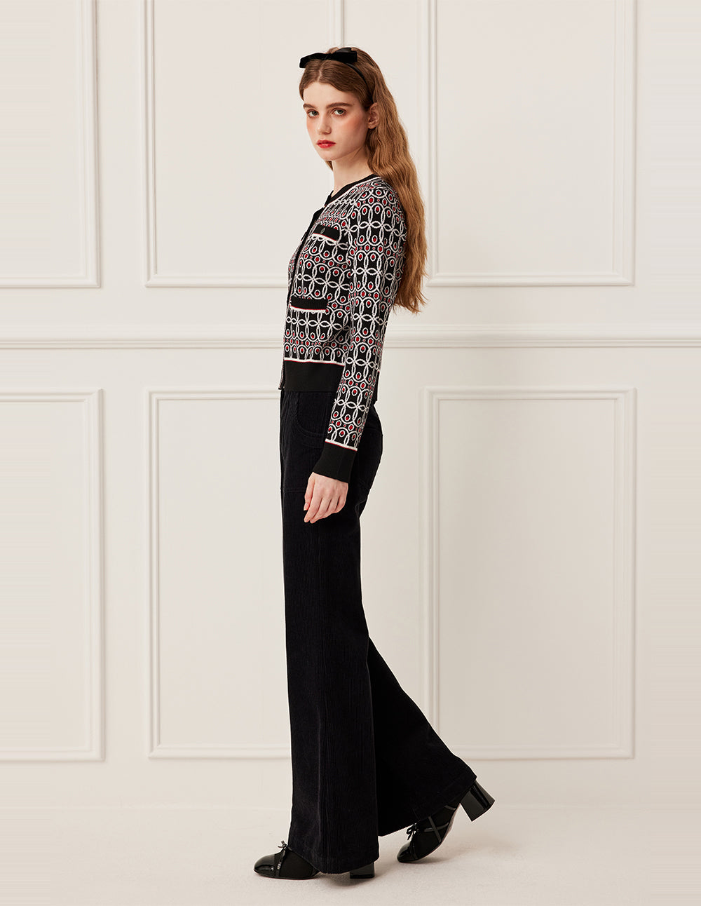 BORA AKSU Round Neck Long Sleeve Polka Dot Wool Knit Cardigan with 4 Pockets