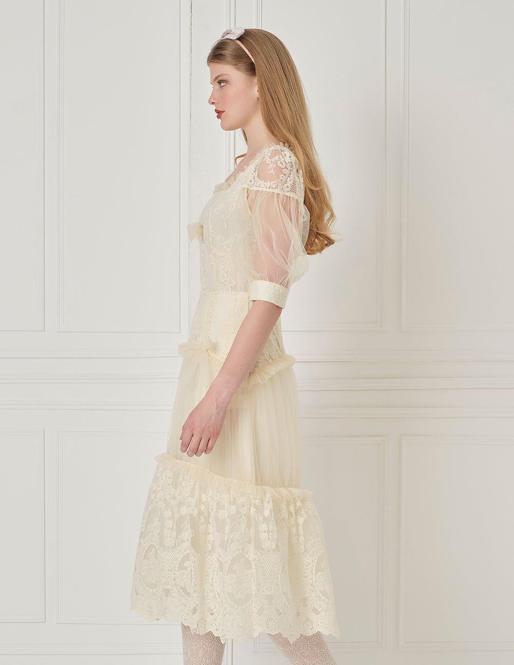 BORA AKSU Palace Style Lace Mesh Patchwork Pleated Dress