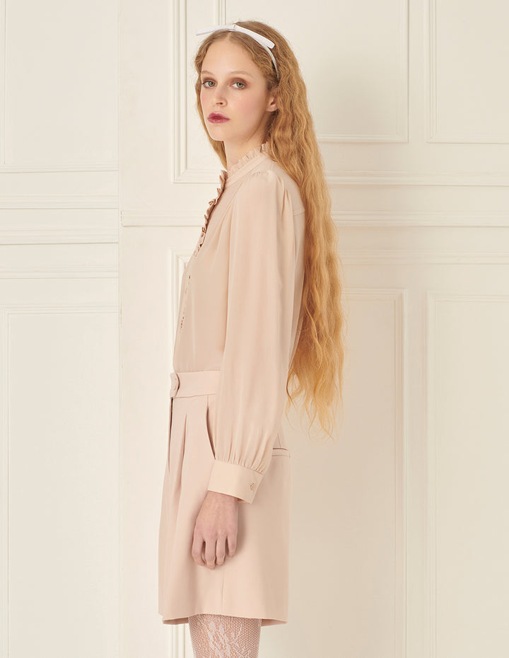BORA AKSU Mulberry Silk Puff-Sleeved Elegant Ruffles Stand-Collar Blouse