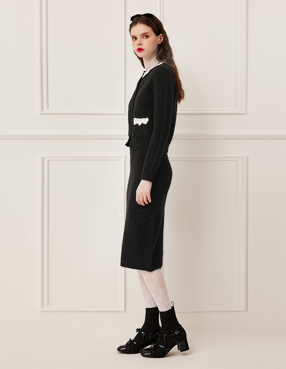 BORA AKSU Round Neck White Sequined Lace Trim Long Sleeve Knit Cardigan