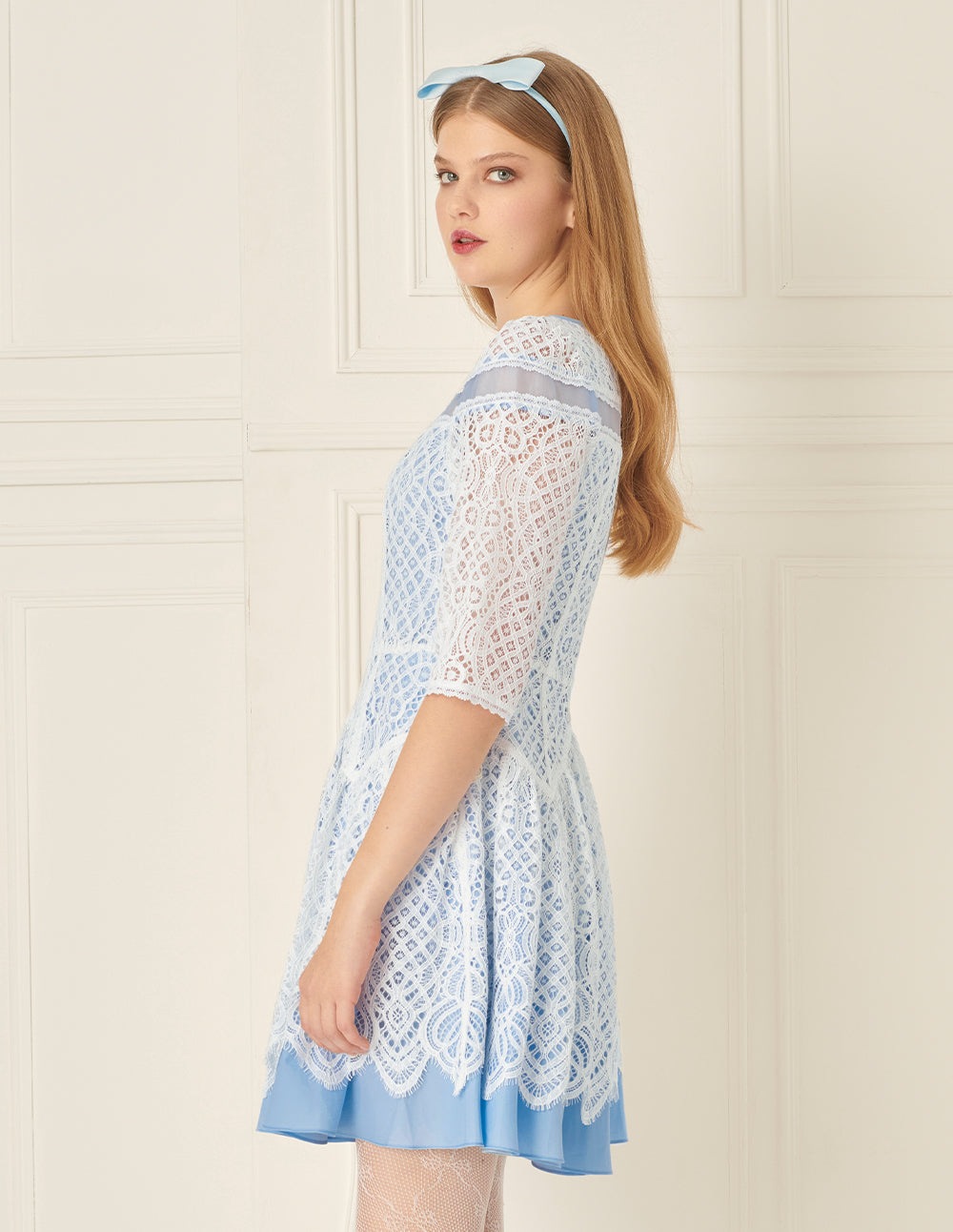 BORA AKSU Romantic Blue And White Lace Patchwork Wavy Dress