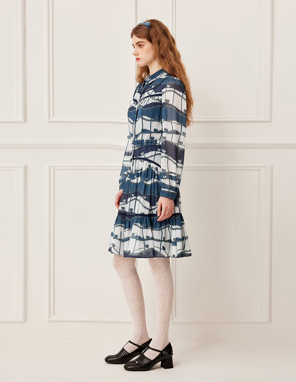 BORA AKSU Long Sleeve Blue Ocean Print Pleated Midi Dress