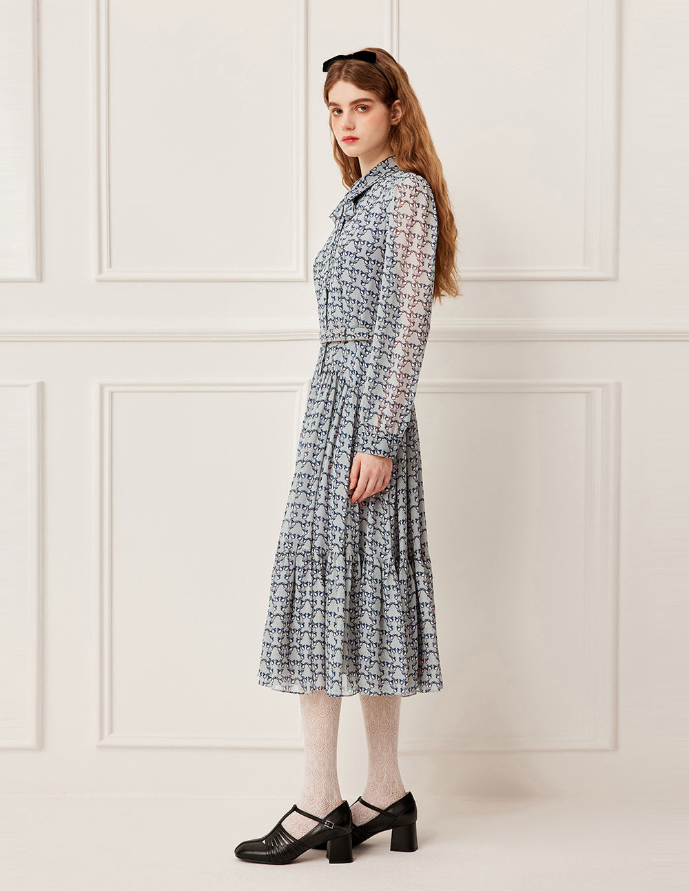 BORA AKSU Bow Ribbon Long Sleeve Hand-Painted Bird Print Pleated Midi Shirt Dress