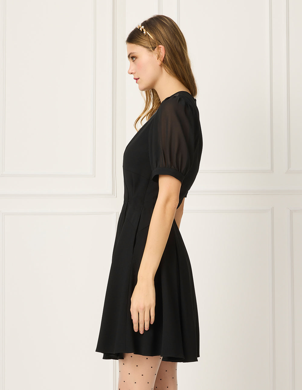 BORA AKSU Round-Neck Puff Short-sleeved Empire-Waist Pleated Black Midi Dress