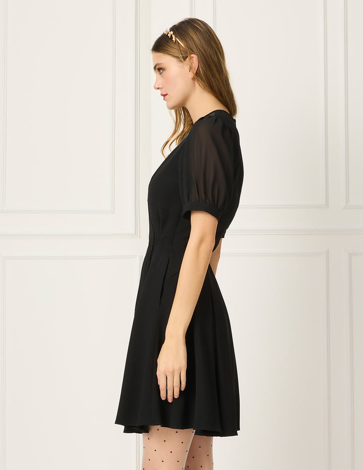 BORA AKSU Round-Neck Puff Short-sleeved Empire-Waist Pleated Black Midi Dress