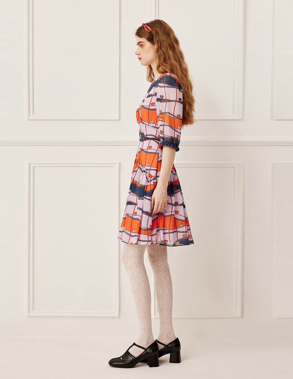 BORA AKSU Crew Neck Ruffle Print Pleated Midi Dress