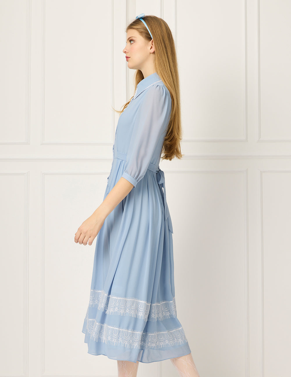 BORA AKSU Puff-Sleeve Lace-Trimmed Pleated Midi Shirt Dress