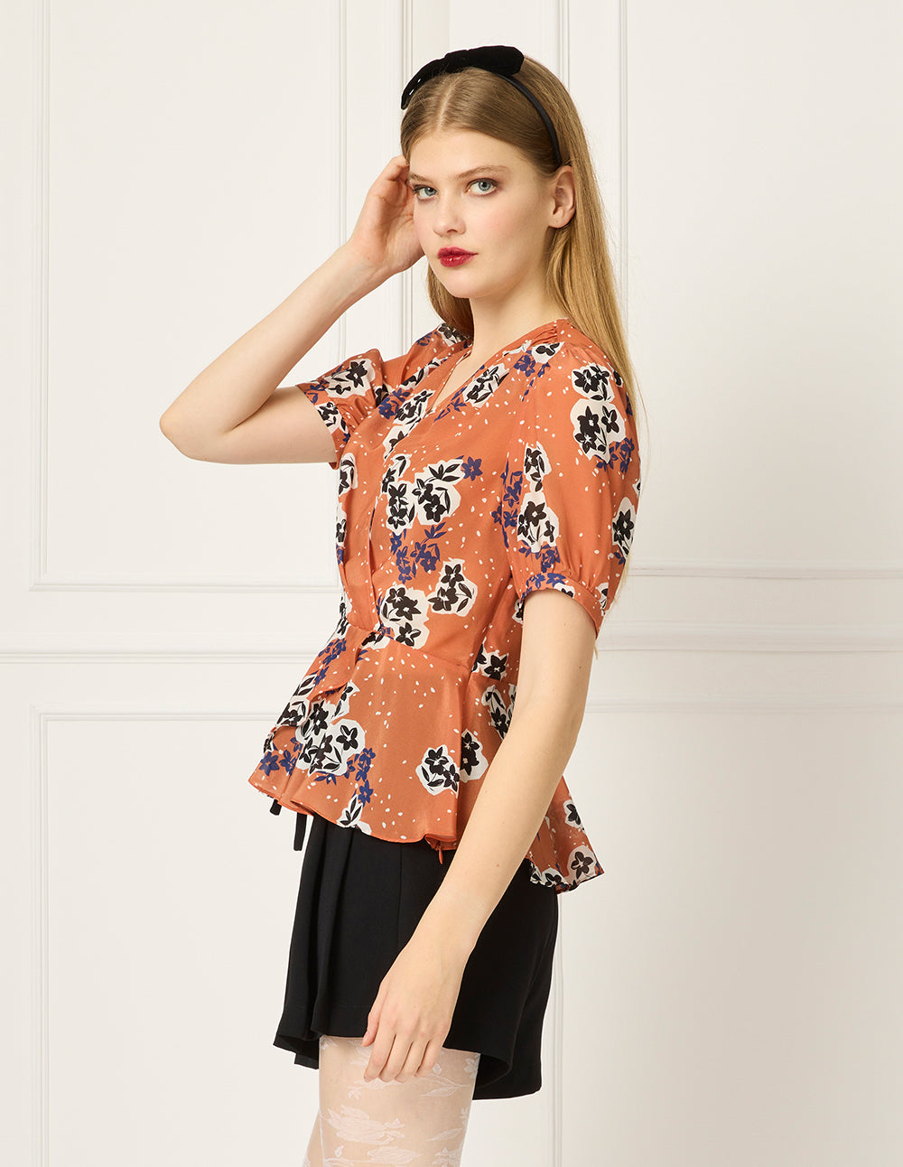 BORA AKSU V-Neck Short Sleeve Floral Print Wrap Top