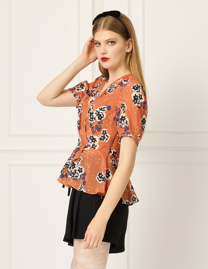 BORA AKSU V-Neck Short Sleeve Floral Print Wrap Top