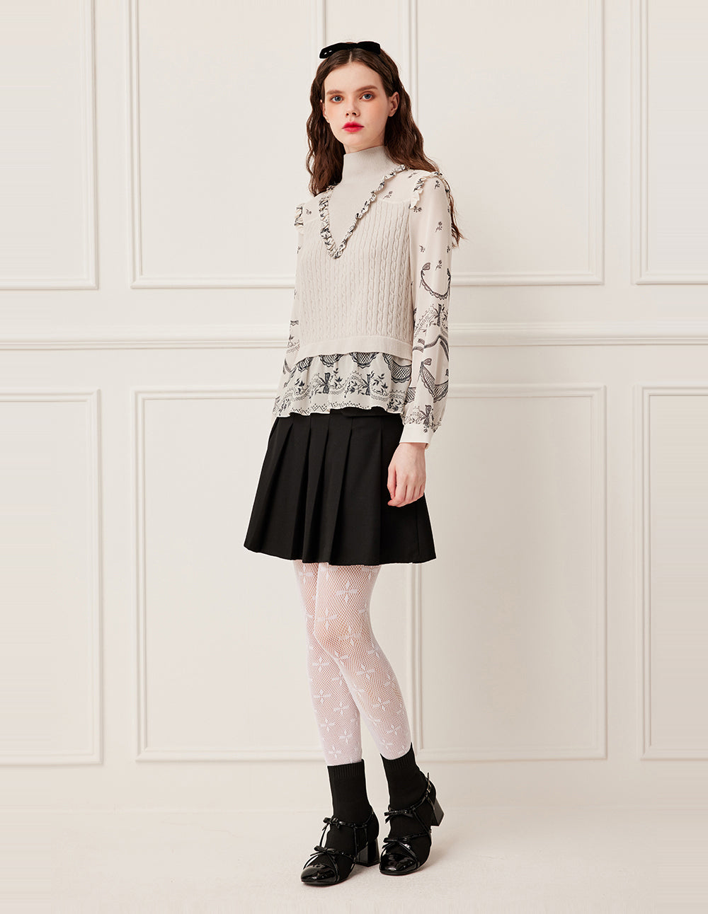 BORA AKSU Ribbed Mandarin Collar Patchwork Floral Print Knit Top