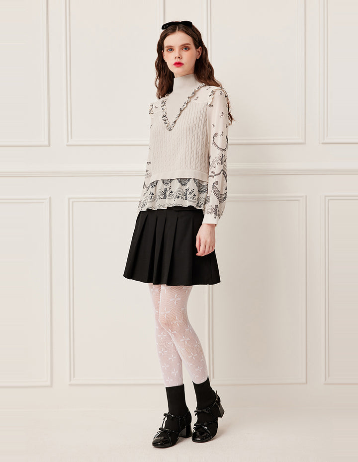 BORA AKSU Ribbed Mandarin Collar Patchwork Floral Print Knit Top