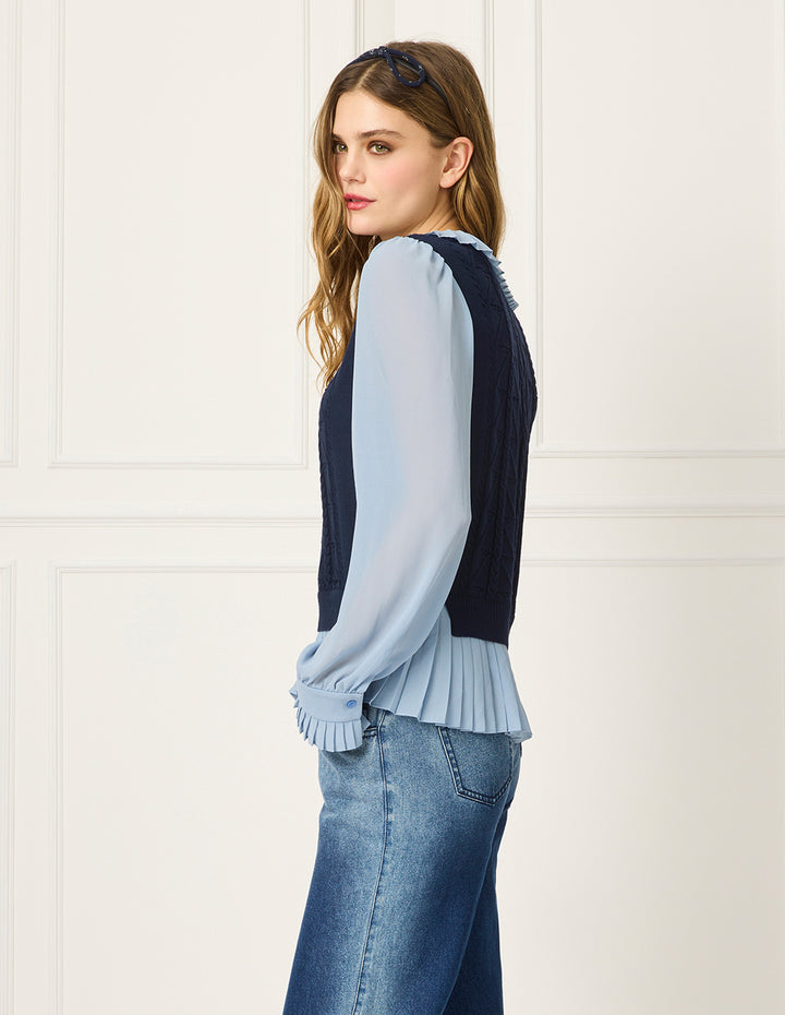 BORA AKSU Lapel-Doll Tie Collar Puff Long Sleeve Peplum Patchwork Blouse