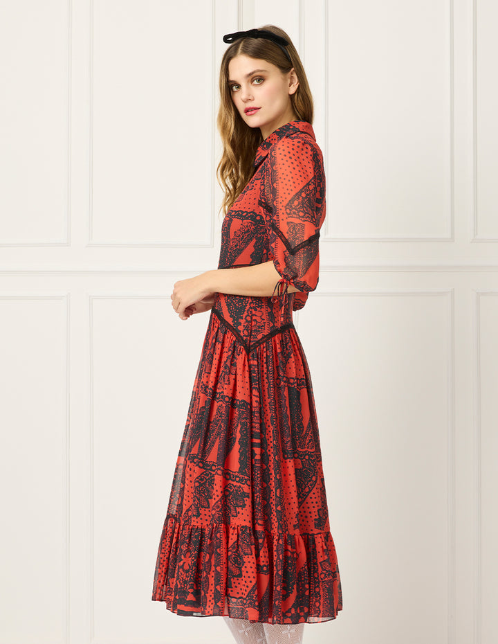 BORA AKSU Peter Pan Collar Bubble 1/2 Sleeve Print Pleated Midi Dress