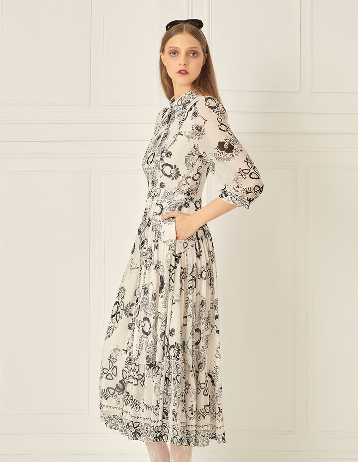 BORA AKSU Puff Sleeve Pleated Line Drawing Print Dress