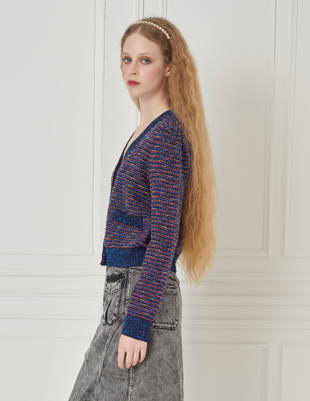 BORA AKSU Imitation Tweed Small Fragrant V-Neck Mixed Color Knitted Cardigan