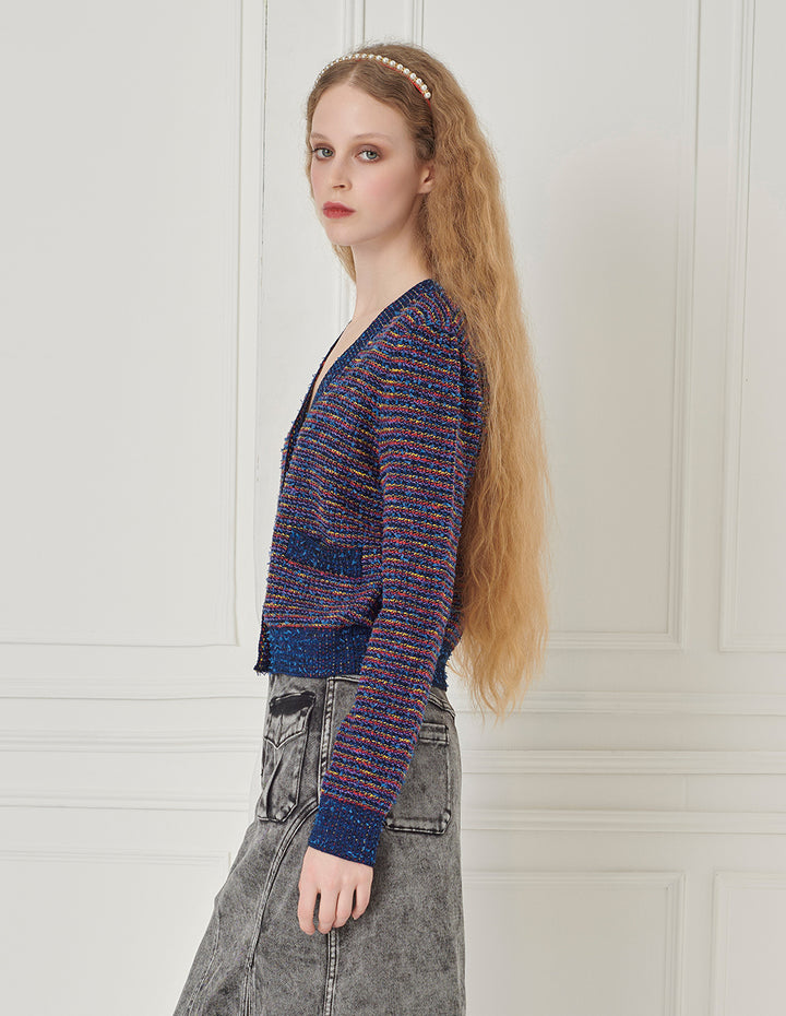 BORA AKSU Imitation Tweed Small Fragrant V-Neck Mixed Color Knitted Cardigan