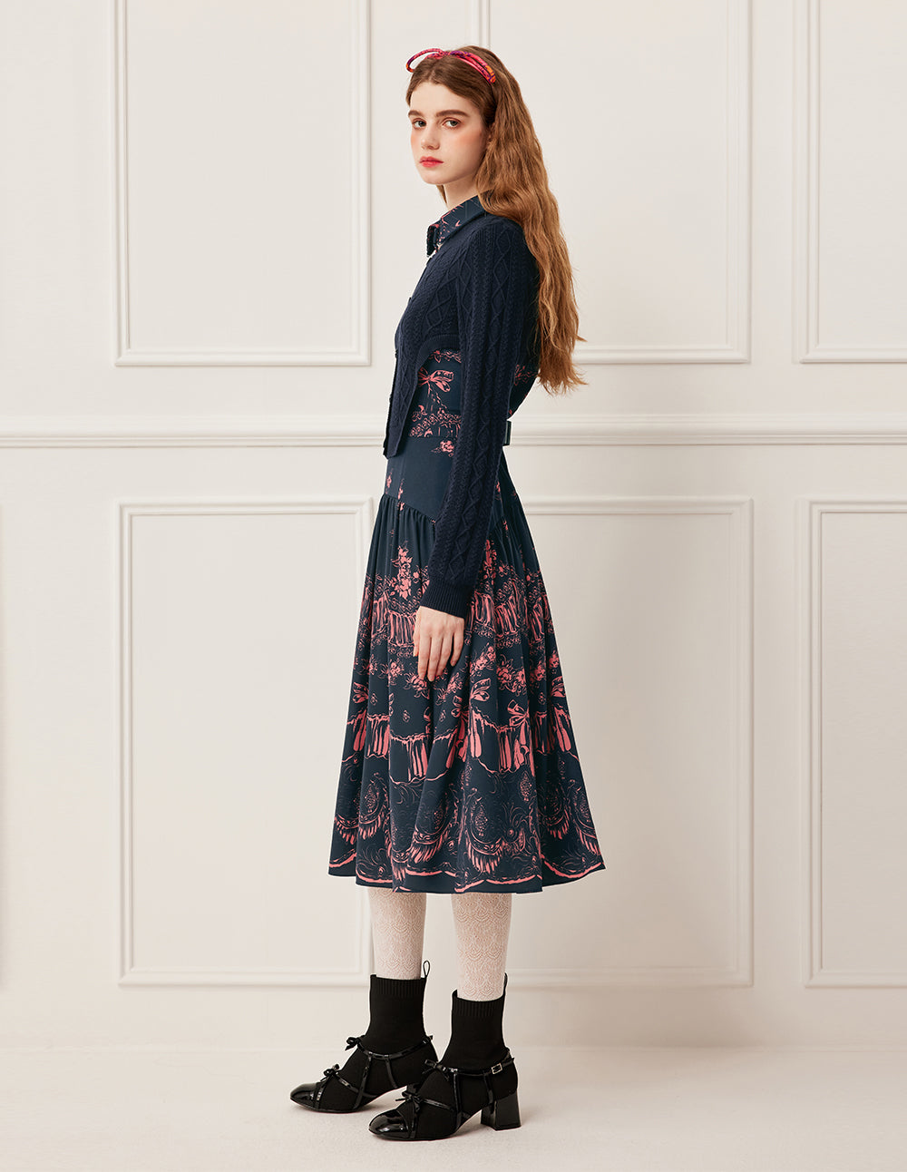 BORA AKSU Notched Collar Wool Knit Patchwork Printed Midi Dress