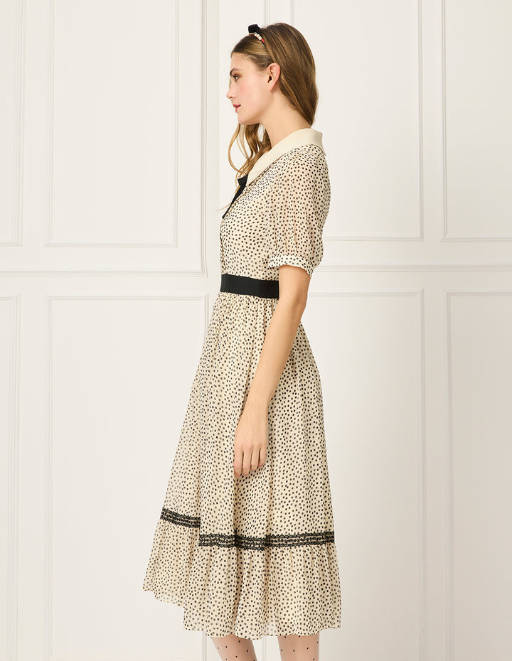 BORA AKSU Lapel Puff Short Sleeve Polka Dot Print Pleated Midi Dress