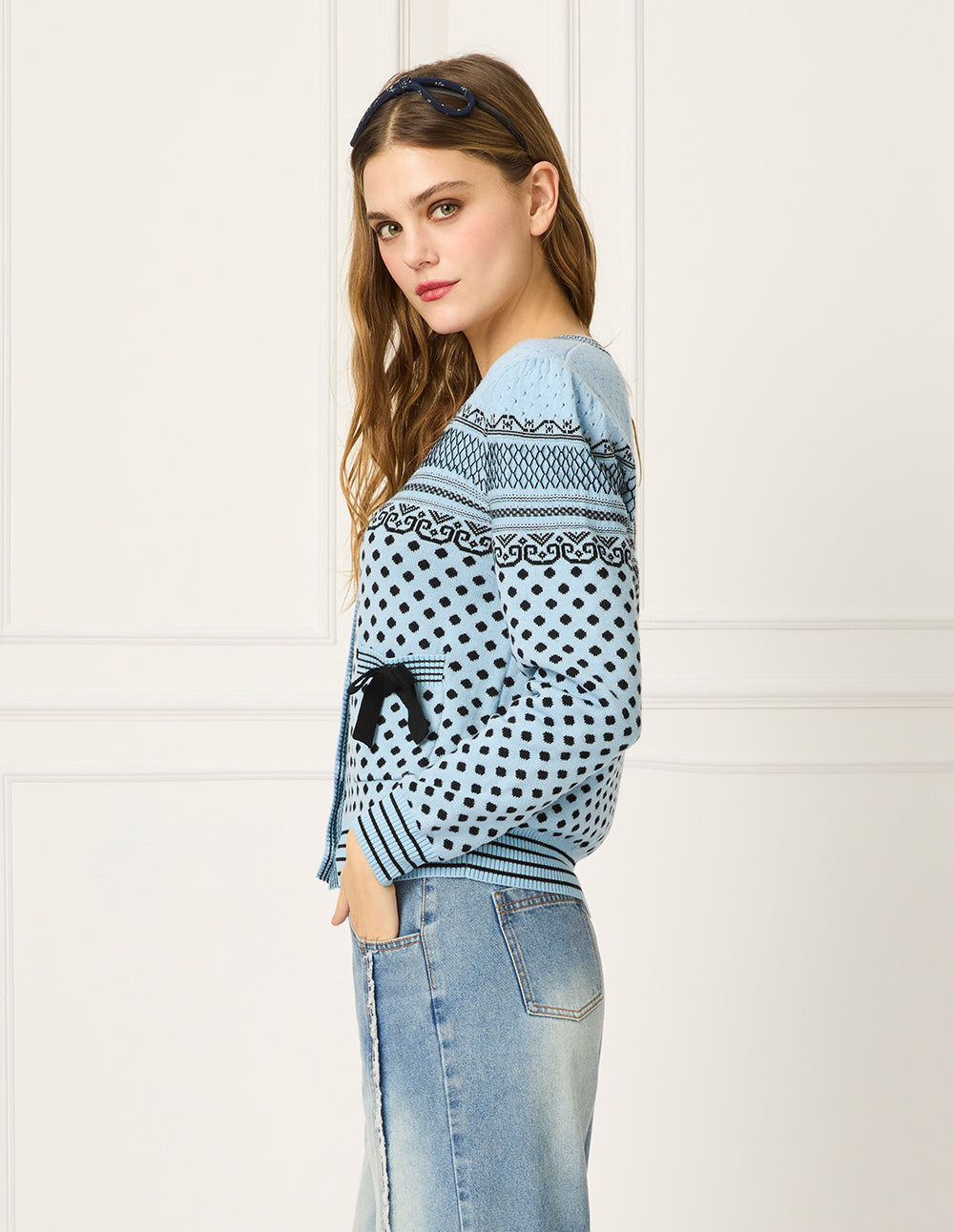 BORA AKSU Polka Dot V-Neck Jacquard Wool Cardigan