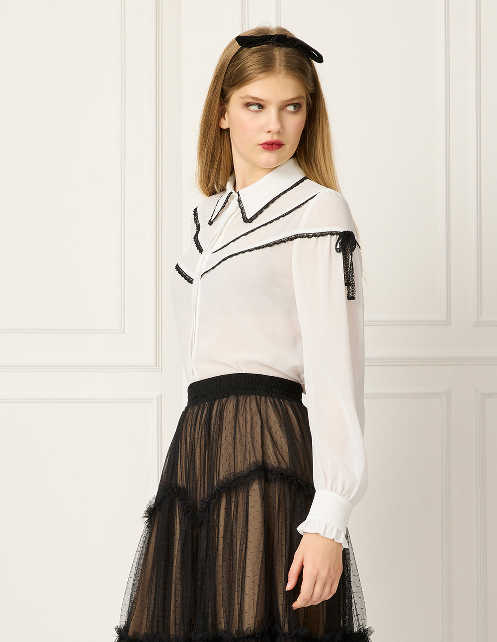 BORA AKSU Lace Floral Trim Bubble Long Sleeve Blouse