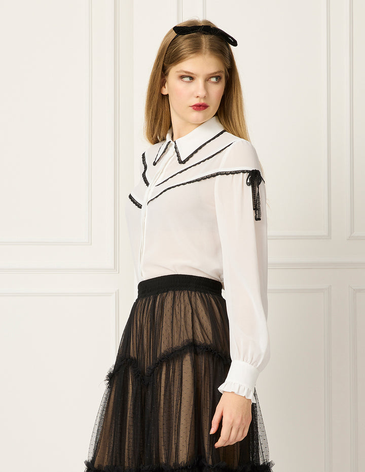 BORA AKSU Lace Floral Trim Bubble Long Sleeve Blouse