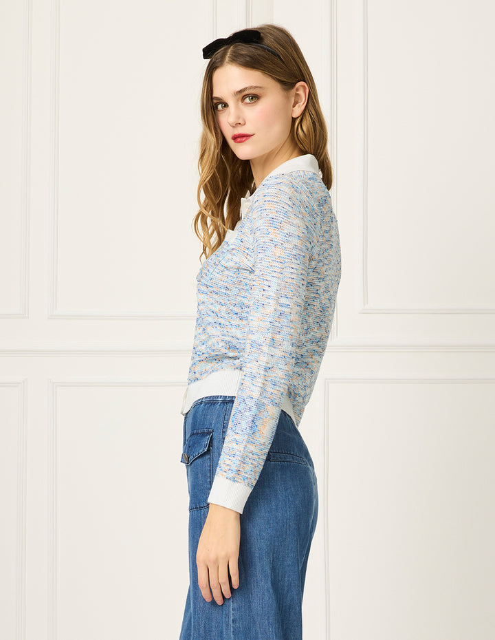 BORA AKSU Peter Pan Collar White Trim Long Sleeve Jacquard Cardigan