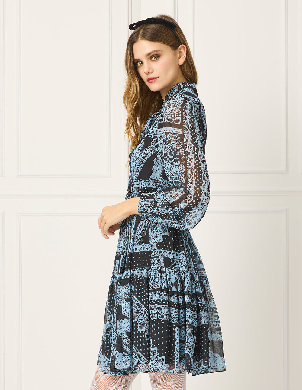 BORA AKSU Tie Neck Bubble Sleeve Print Midi Dress