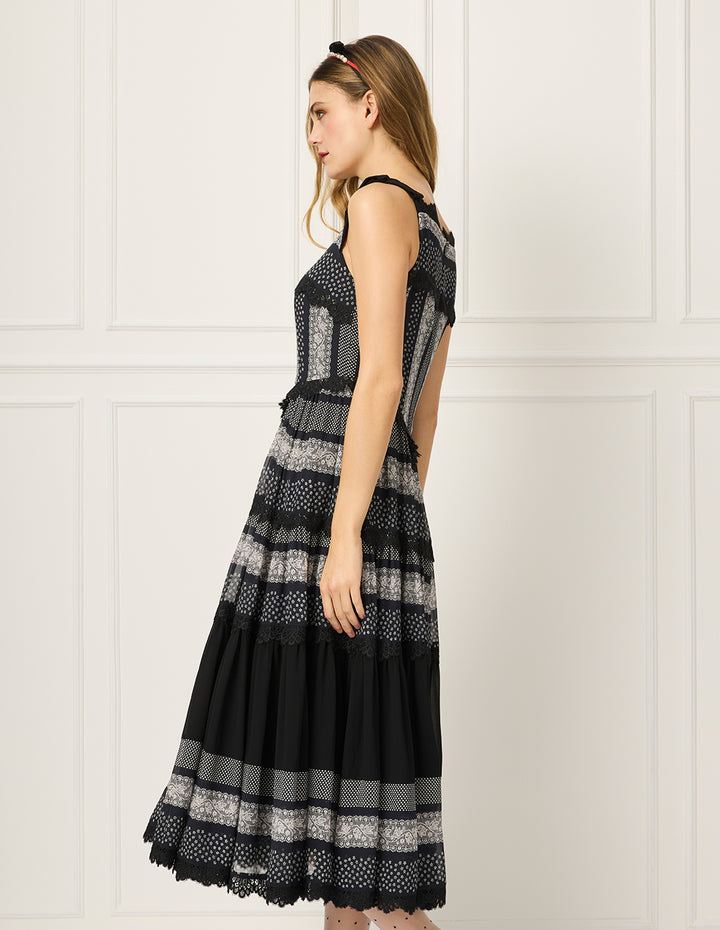 BORA AKSU Sleeveless Ruffle Lace Layered Printed Apron Dress