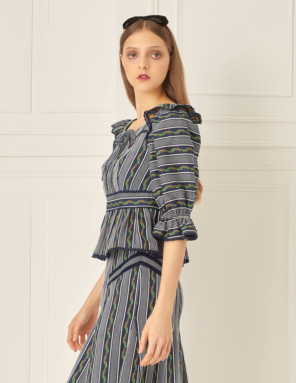 BORA AKSU Puff Sleeve Pleated Jacquard Top