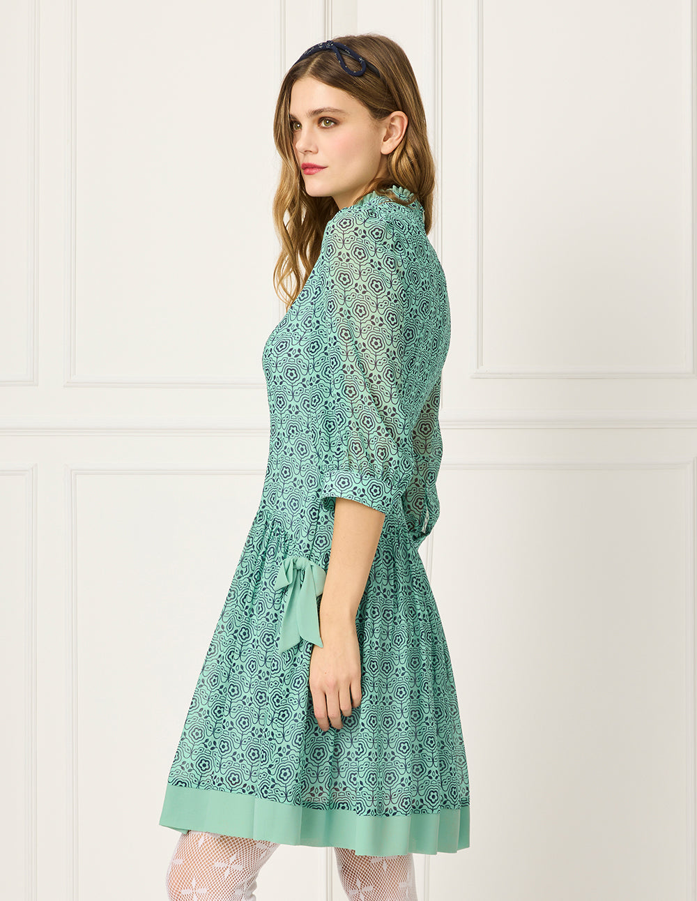 BORA AKSU Stand Collar Puff Short-Sleeve Pleated Print Midi Dress