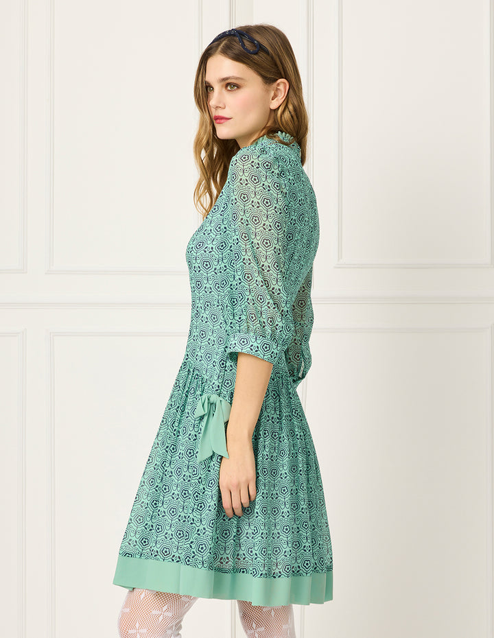 BORA AKSU Stand Collar Puff Short-Sleeve Pleated Print Midi Dress