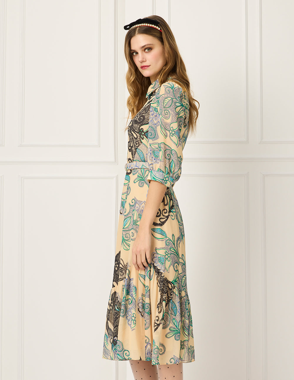 BORA AKSU Peter Pan Collar Bubble Short Sleeve Floral Lace Print Midi Dress