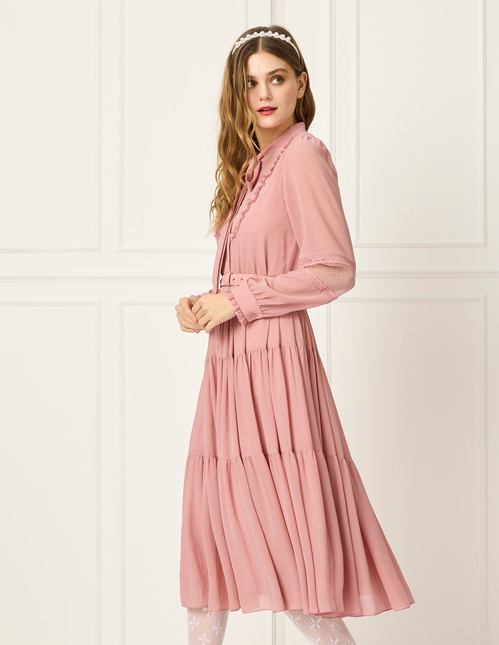 BORA AKSU Tie Collar Ruffle Trim Floral Print Midi Dress