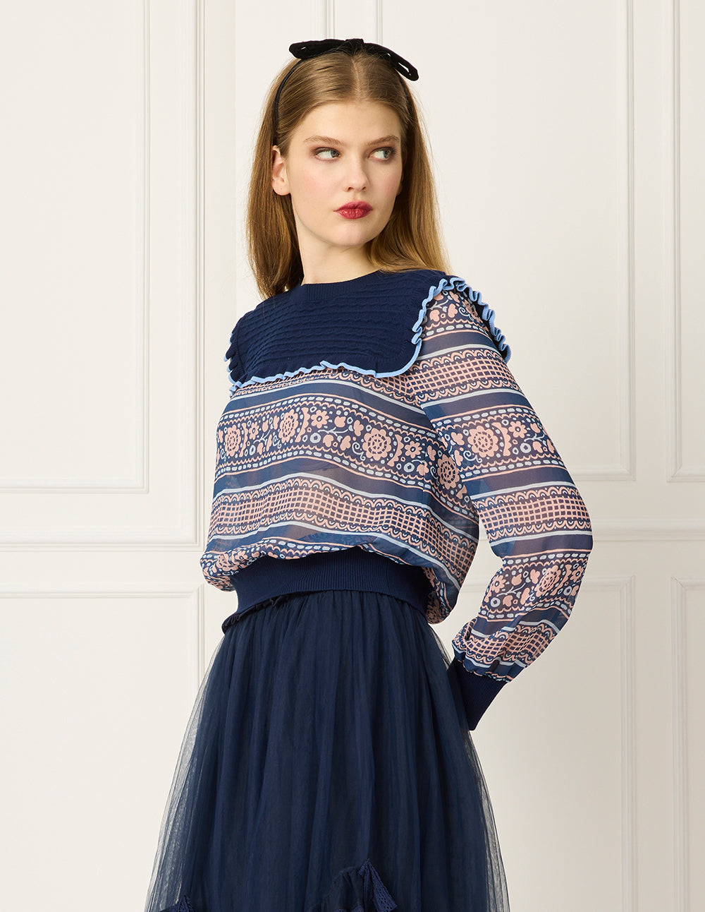 BORA AKSU Round-Neck Ruffles Bubble Sleeve Print Top