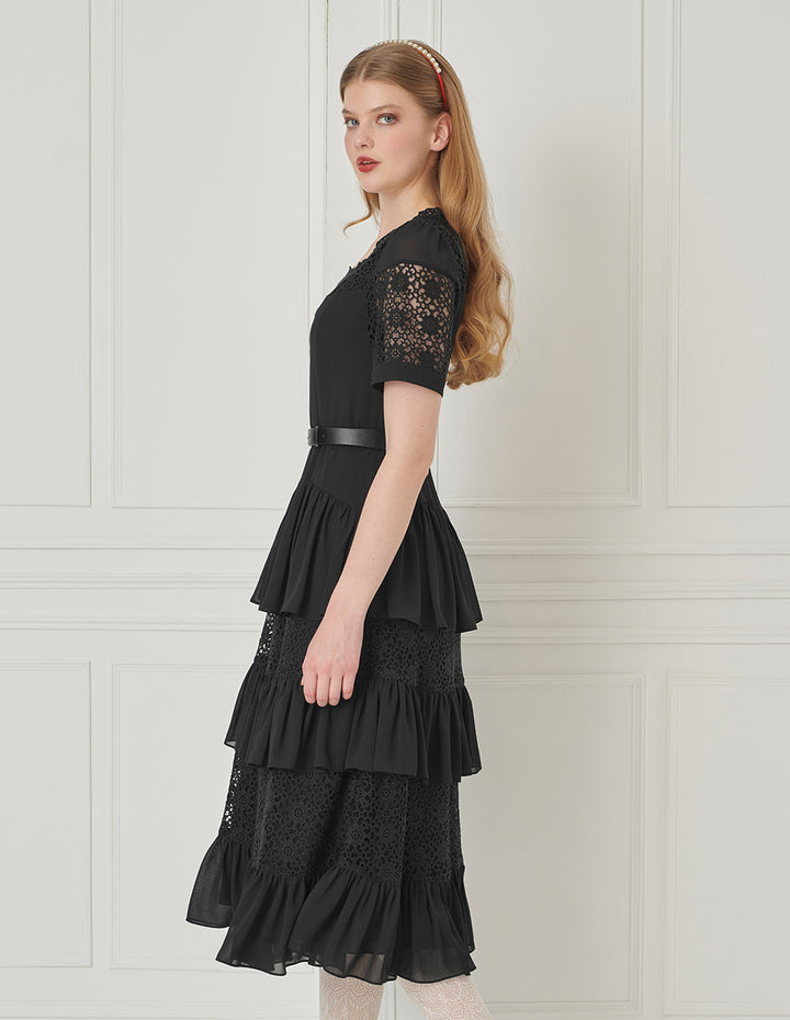 BORA AKSU Palace Style Classic Square Neck Lace Splicing Tiered Skirt Dress