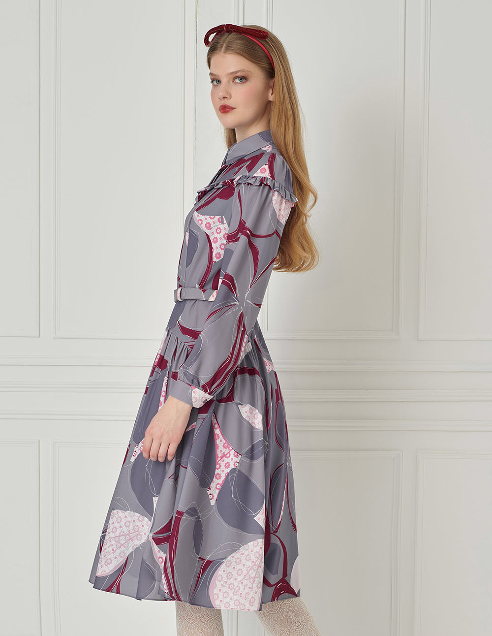 BORA AKSU Shirt-Collar Ruffled Puff Sleeve Printed Midi Dress